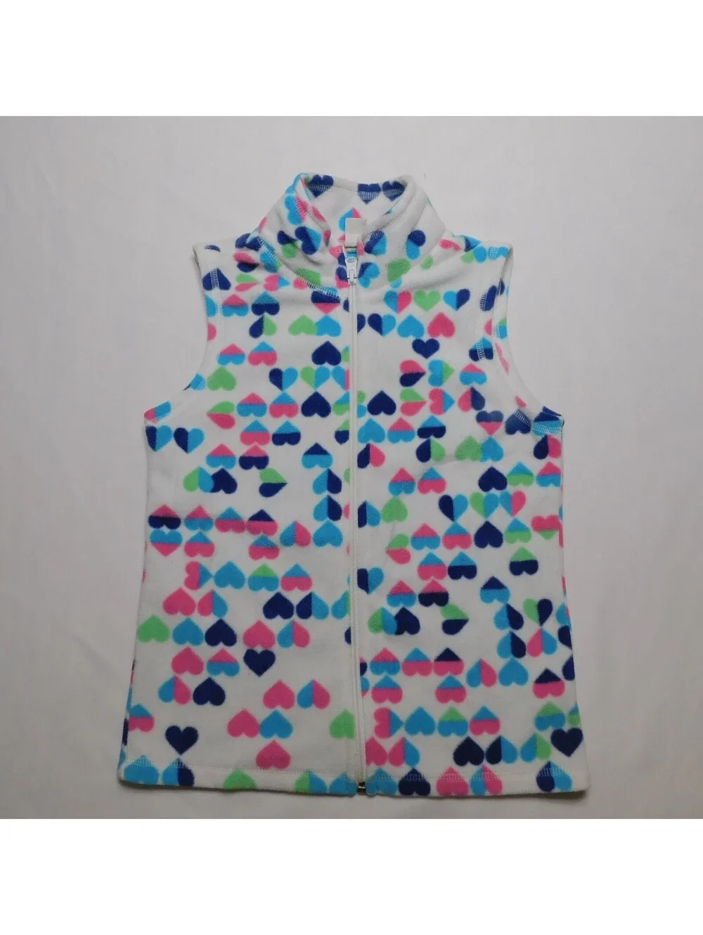 Old Navy Girls Fleece Vest Size Large L 10-12 White Pink Blue Heart Full Zip Gil